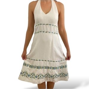 Ann Taylor Bohemian Prarie Halter V-neck Floral Embroidered Linenblend Dress